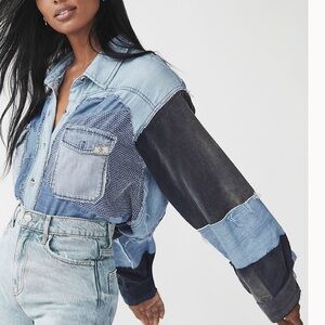 FREE PEOPLE We The Free Palisades Patchwork Buttondown INDIGO COMBO